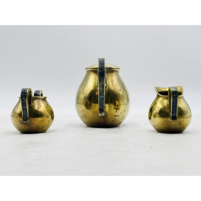Los Castillo 1950s Los Castillo Taxco Brass & Stone Inlaid Tea Set, Mexican Modernism - Set of 3 For Sale - Image 4 of 18
