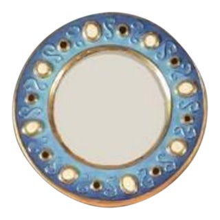 Francois Lembo Blue Round Ceramic Mirror With Gold, Black and White Cabochons For Sale
