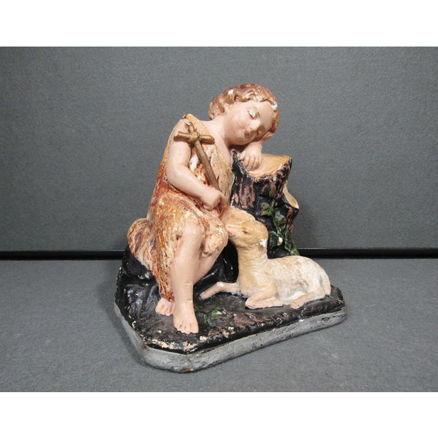 Folk Art Antique Chalkware St. John the Baptist With Lamb Sculpture For Sale - Image 3 of 9