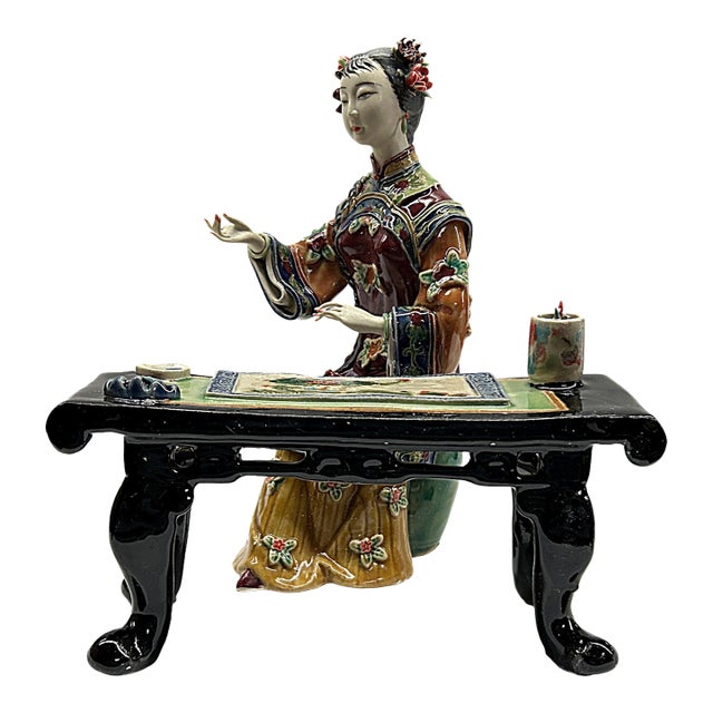 Chinese Porcelain Qing Style Dressing Painting Lady Figure For Sale