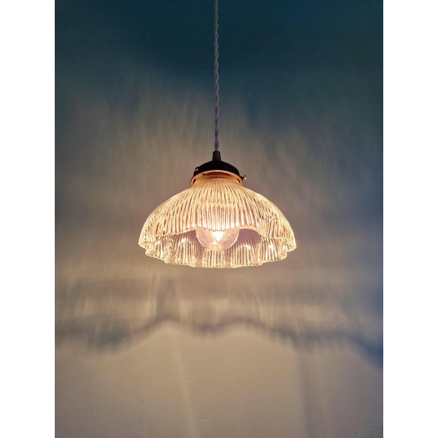 Holophane Pendant Light in Clear Grooved Glass, 1920s For Sale - Image 6 of 10