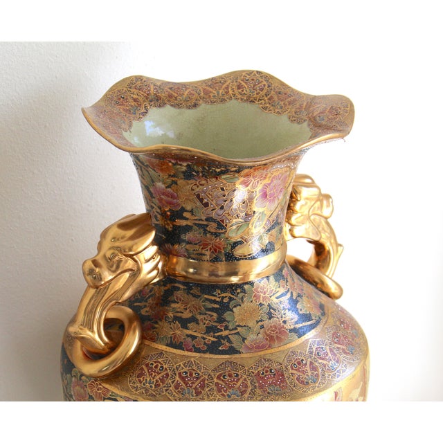 Vintage Royal Satsuma-Style 24" Porcelain Floor Vase – Gold Gilt & Dragon Handles For Sale - Image 9 of 18
