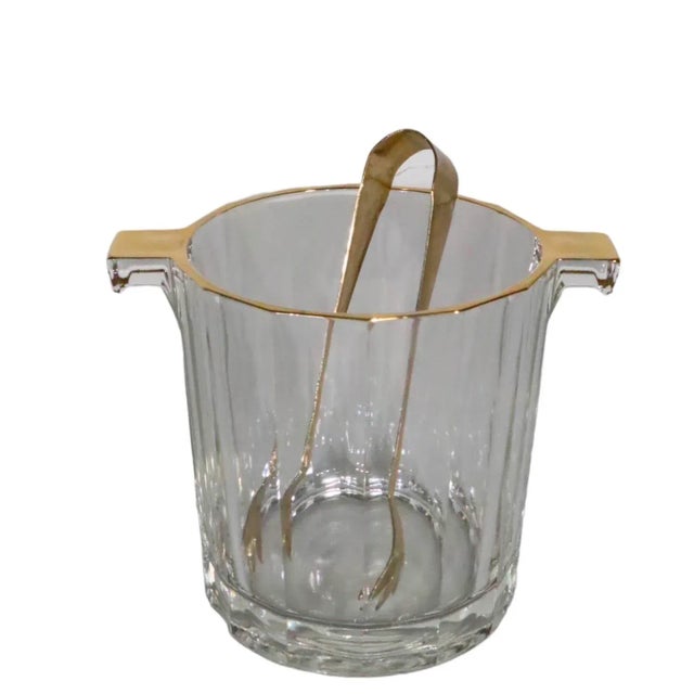 Baccarat Hollywood Regency Faceted Glass Ice Bucket With Gold Trim Made in Italy C 1970's For Sale - Image 4 of 11
