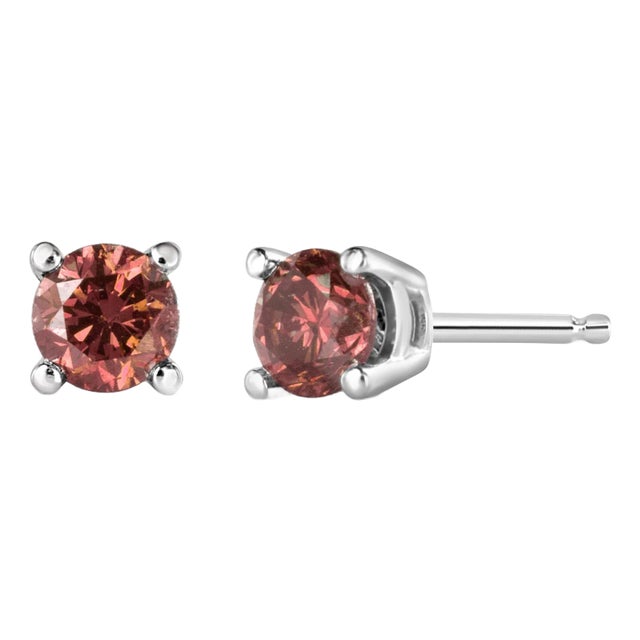 14K White Gold 3/4 Cttw 4-Prong Set Round Brilliant-Cut Pink Diamond Solitaire Stud Earrings - 2 Pieces For Sale
