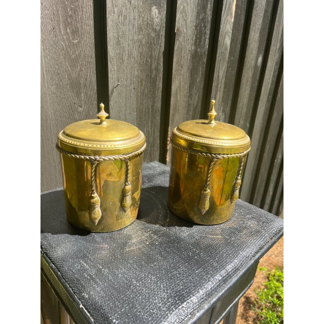 Mid-Century Modern Mid 20th Century Brass Tassel and Rope Wrapped Canisters - a Pair For Sale - Image 3 of 6