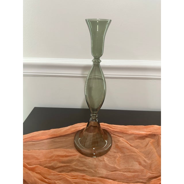 Modern Crate&Barrel. Milano Large Green Glass Taper Candle Holder 12.5" For Sale - Image 3 of 4