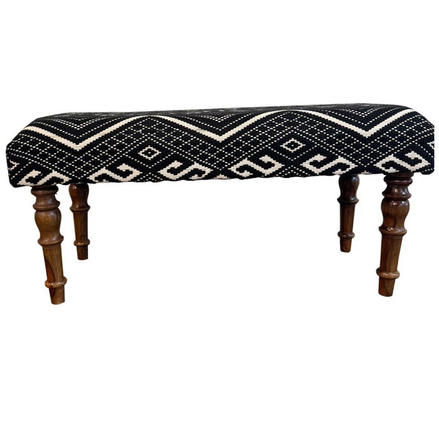 Rustic 1940s Southwestern Black & White Kilim Upholstered Ottoman Bench For Sale - Image 3 of 4