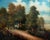 This vintage oil on canvas depicts an elegant country hunt scene with mounted riders and hounds traveling along a woodland...