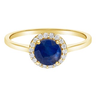 10K Yellow Gold Blue Sapphire and 1/10 Cttw Diamond Halo Ring, Size 6.5 For Sale