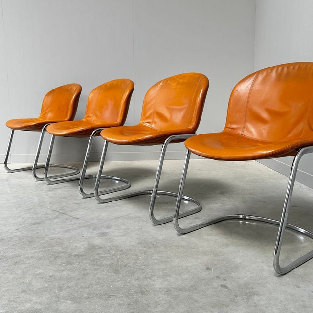 Gastone Rinaldi Cognac Leather Dining Chairs by Gastone Rinaldi for Thema Italy, 1970s, Set of 4 For Sale - Image 4 of 11