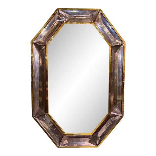 Murano Glass and Brass Octagonal Mirror in Lavender For Sale