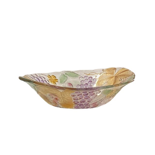 This is a vintage classic style glass oval flat bowl container display with dimenional grapes motif at the bottom....