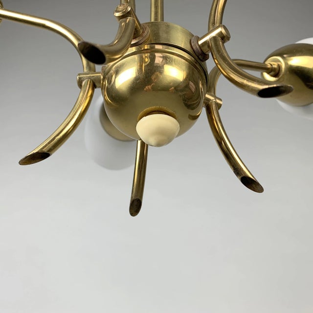 Brass and White Glass Chandelier, 1980s For Sale - Image 6 of 8