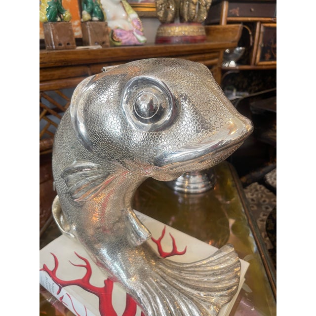 Metal 1970s Silver Fish Ice Bottle Cooler, Huge, Italian Silver Plate For Sale - Image 7 of 15