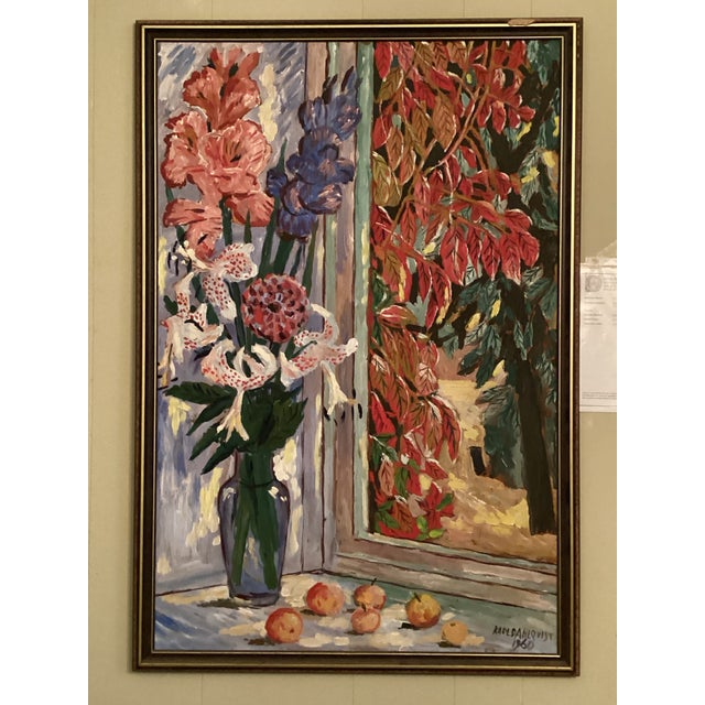 Red Mid 20th Century Swedish Still Life With Flowers in Vase at Window For Sale - Image 8 of 11