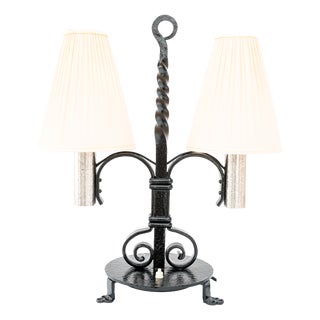 Art Deco Cast Iron Table Lamp with Fabric Shades, 1920s For Sale