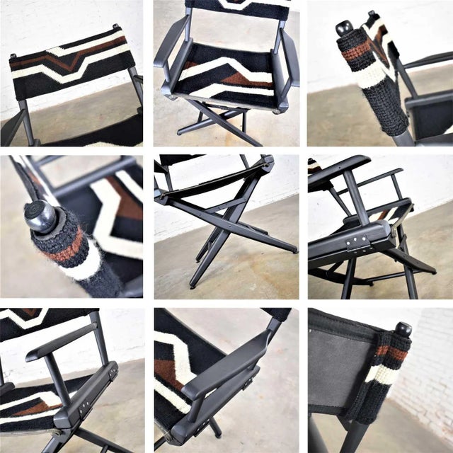 Vintage Modern Director’s Chair Folding Black Brown White Geometric Needlepoint For Sale - Image 11 of 13