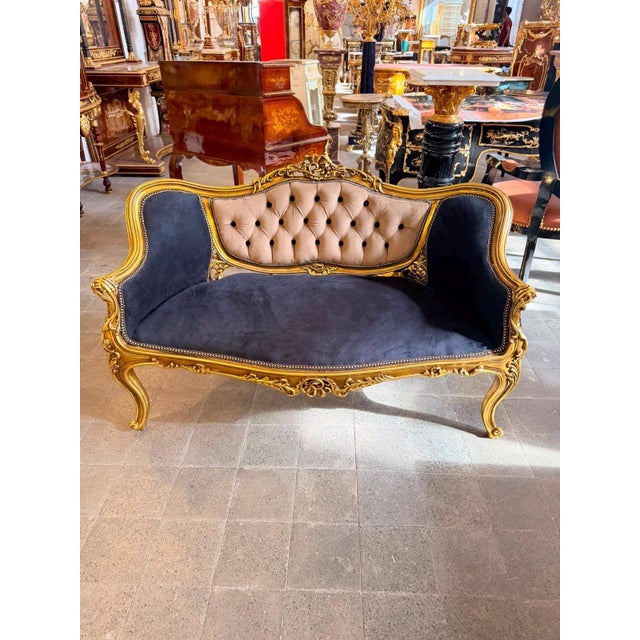 Vintage Rococo Loveseat Black & Beige Velvet 55W For Sale - Image 4 of 10