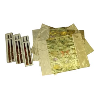 Asian Pattern Fabric Placemats with Six & Six Pearlized and Inlaid Chopsticks - 3 Settings For Sale
