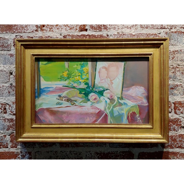 Gerald David Rahm -Still Life of Pink Roses & Photo by the Window - Painting For Sale - Image 9 of 9