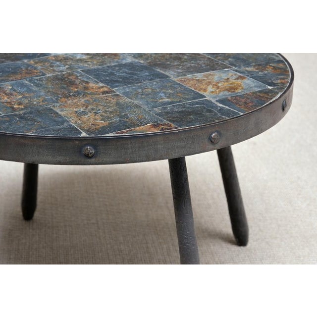 French Brutalist Round Side Table in Wrought Iron and Slate, 1970s For Sale - Image 4 of 13