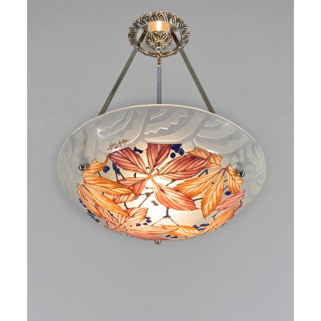 Loys Lucha French Art Deco Pendant Light 1930s - Red Orange Floral Enameled Bowl For Sale - Image 4 of 14