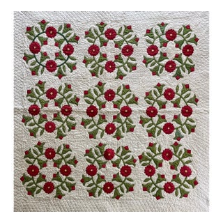 Antique Late 19th / Early 20th Century Hand Sewn Marriage Quilt With Rose of Sharon Wreaths For Sale