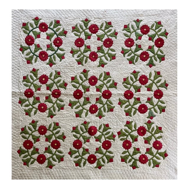 Antique Late 19th / Early 20th Century Hand Sewn Marriage Quilt With Rose of Sharon Wreaths For Sale