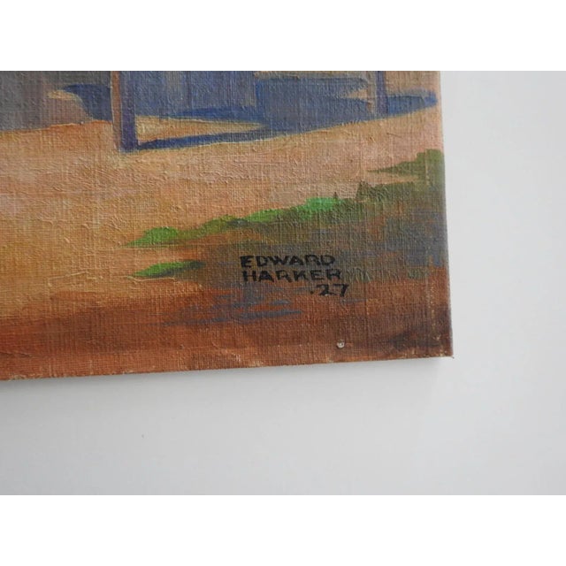 1927 oil on canvas board painting of an old barn. Signed Edward Harker and dated lower right corner. Unframed, edge wear.