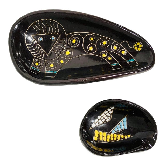 Vintage Mid Century Ceramic Ash Tray & Catch All Dish Set- 2 Pieces For Sale