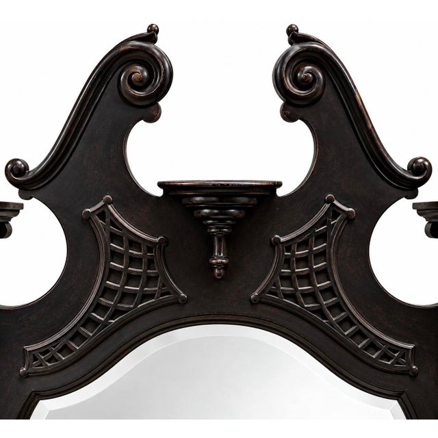 Antique Ebonized Victorian Architectural Mirror With 3 Beveled Mirrors & Shelves – Chippendale Revival For Sale - Image 4 of 12