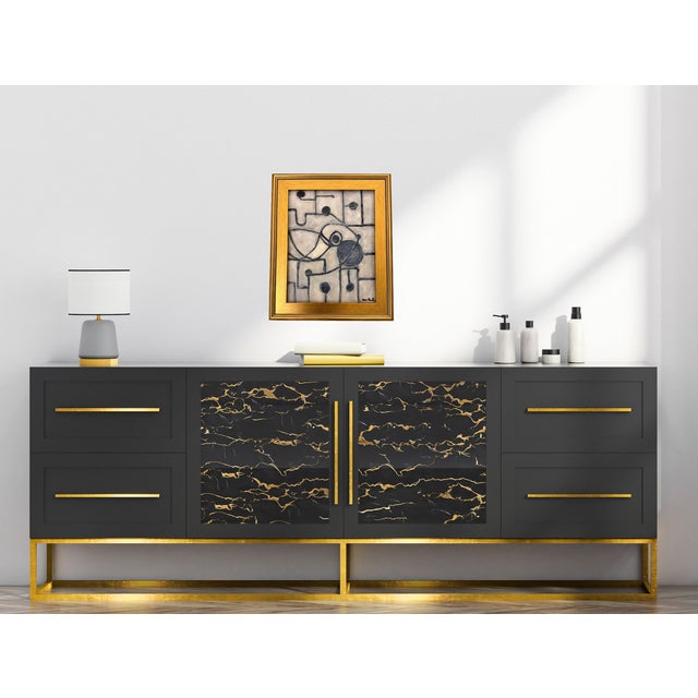 This painting has a bold, abstract style with a network of black lines and geometric shapes set against a neutral...