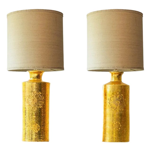 Ceramic Floor or Table Lamps from Bitossi with Silk Lampshades attributed to R. Houben, 1970s, Set of 2 For Sale