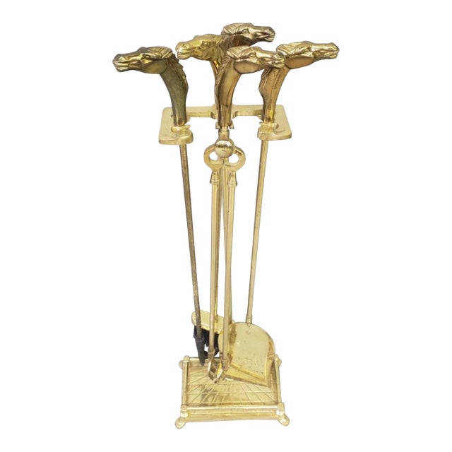 Vintage Five- Piece Solid Brass Horse Head Fire Tool Set in Very Good Condition For Sale