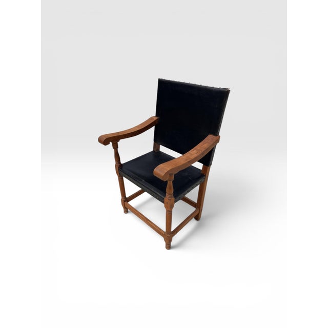 1920s Antique Arts & Crafts Oak Library Armchair With Black Leather For Sale - Image 5 of 11