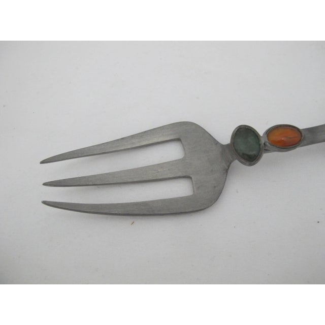 Antique Chinese salad serving set. Includes large fork and spoon in pewter, each inlaid with jade and carnelian. Jade...