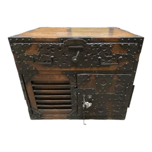18th Century Antique Japanese Wood & Metal Tansu Ship Safe Chest With Keys