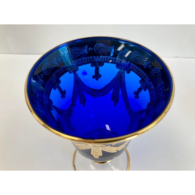 Vintage Horchow 24Kt Gold Cobalt Blue Crystal Wine/Water Glass Goblets - Set of 4 For Sale In Raleigh - Image 6 of 12