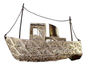 Silver Filigree Boat with Applications on Wooden Base