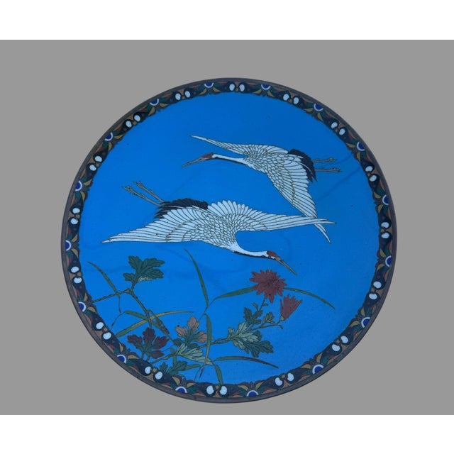 Early 20th Century Antique Japanese Meiji Cloisonne Charger Cranes Blue Enamel 12” Plate For Sale - Image 5 of 8