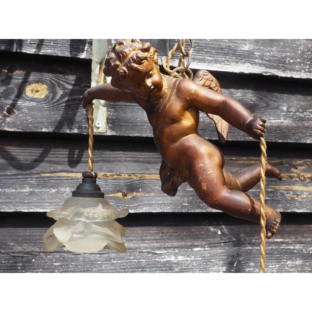 Antique French Cherub Pendant Light in Flying Putti and Glass Flower Shades, 1920s For Sale - Image 16 of 18