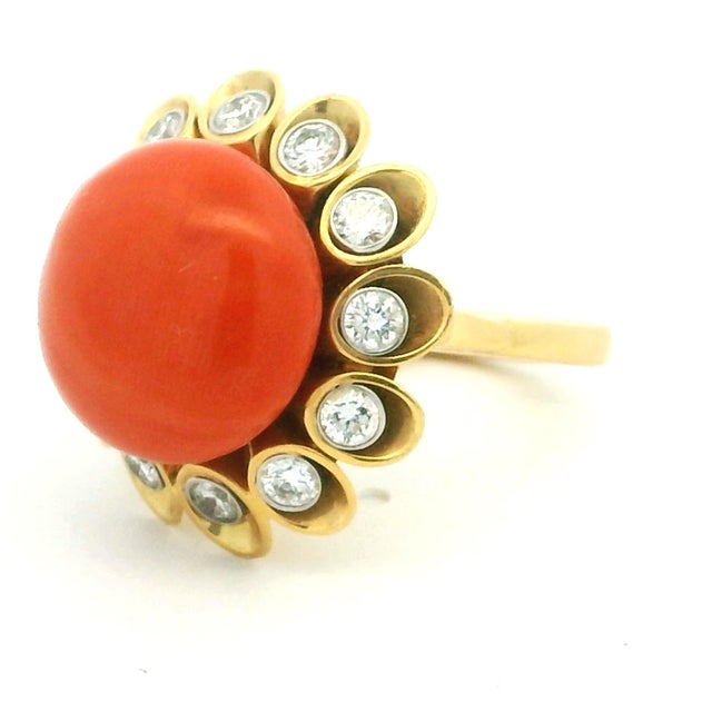 Burnt Orange 1970s Alletto Brothers Coral & Diamond 18k Gold and Platinum Ring, Size 4 For Sale - Image 8 of 13