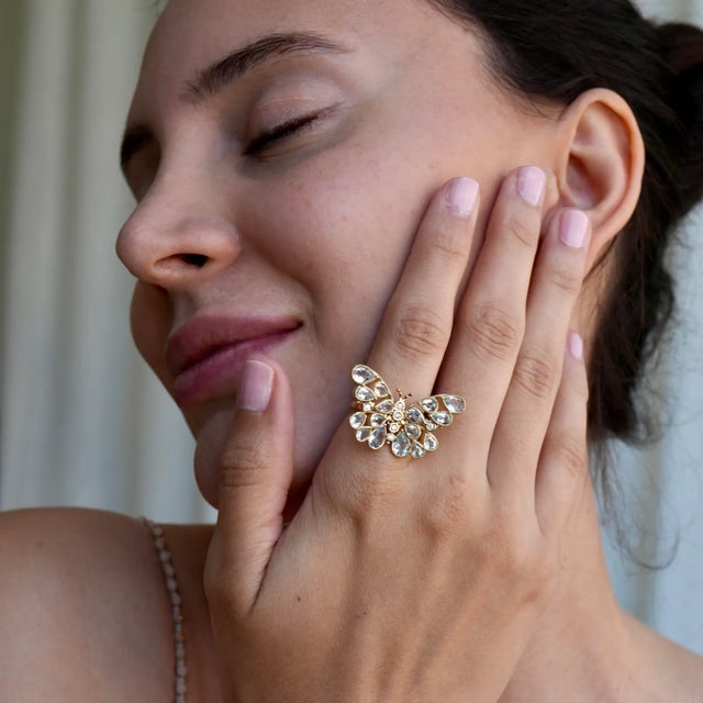 Nina Zhou Butterfly Aquamarine Diamond Cocktail Ring in 14k Yellow Gold, size 9.5 For Sale - Image 10 of 11