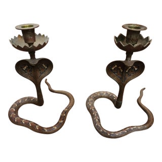 Brass and Enamel Cobra Candlesticks For Sale