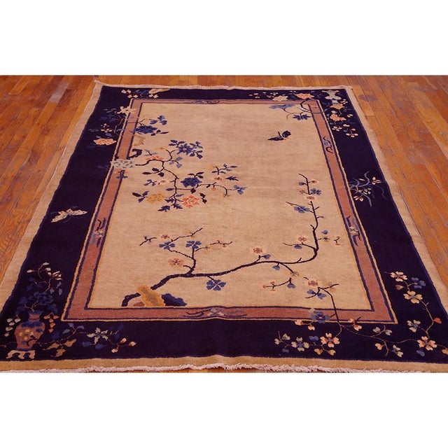 1920s Ivory Small Scatter Size Rectangle Chinese Wool Antique Knotted - Art Deco Rug, Circa Date: 1920s. This exquisite...