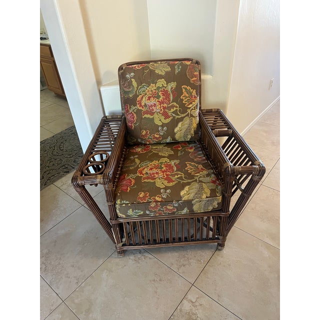Great vintage Palecek "Roosevelt Presidential" stick rattan lounge armchair which features built-in magazine holders and...