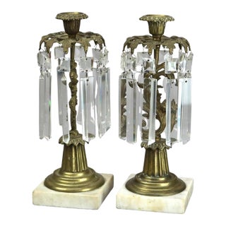 Pair of Bronze and Crystal Candle Holders With Marble Base C1890 For Sale