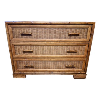 Vintage Wicker & Faux Bamboo 3-Drawer Dresser by American of Martinsville | Boho Chic Credenza For Sale