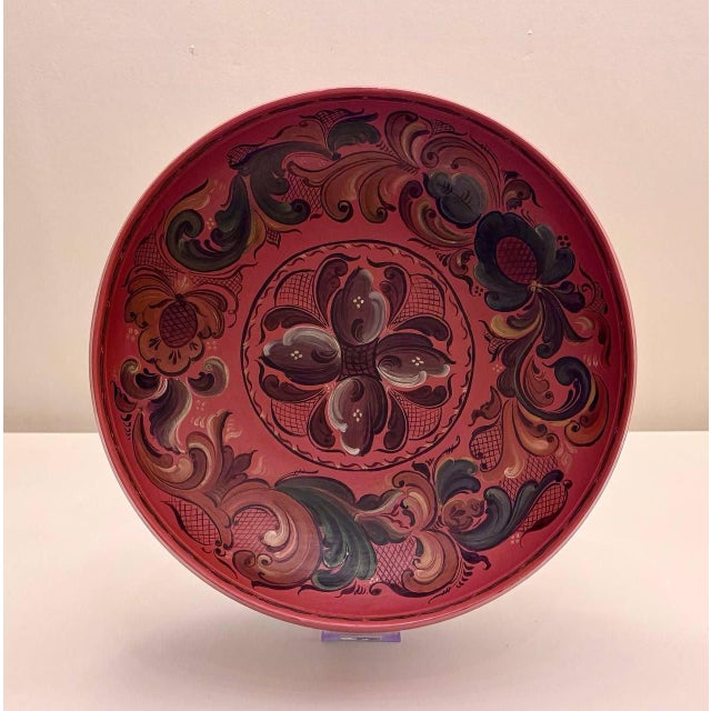 Burgundy Large Vintage Norwegian Rosemaling Hand-Painted Wooden Bowl, 15" For Sale - Image 8 of 10