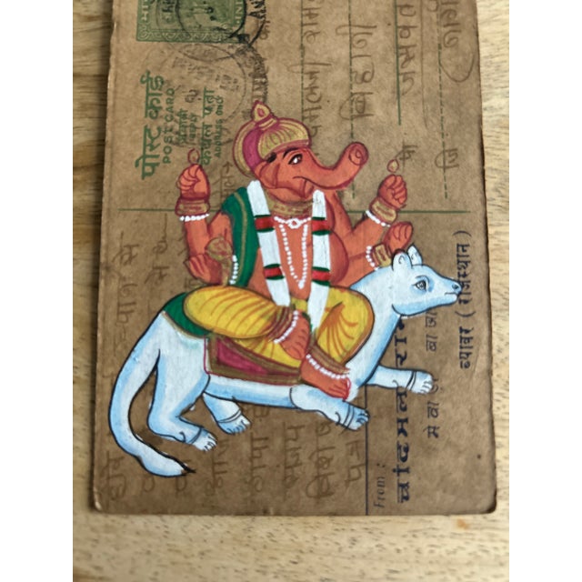 Camel Mid 20th Century Vintage Indian Ganesha Hand Painted Rajasthani Paper Postcard For Sale - Image 8 of 8